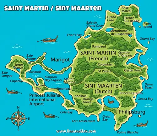 Sint Maarten island map showing Dutch and French sides